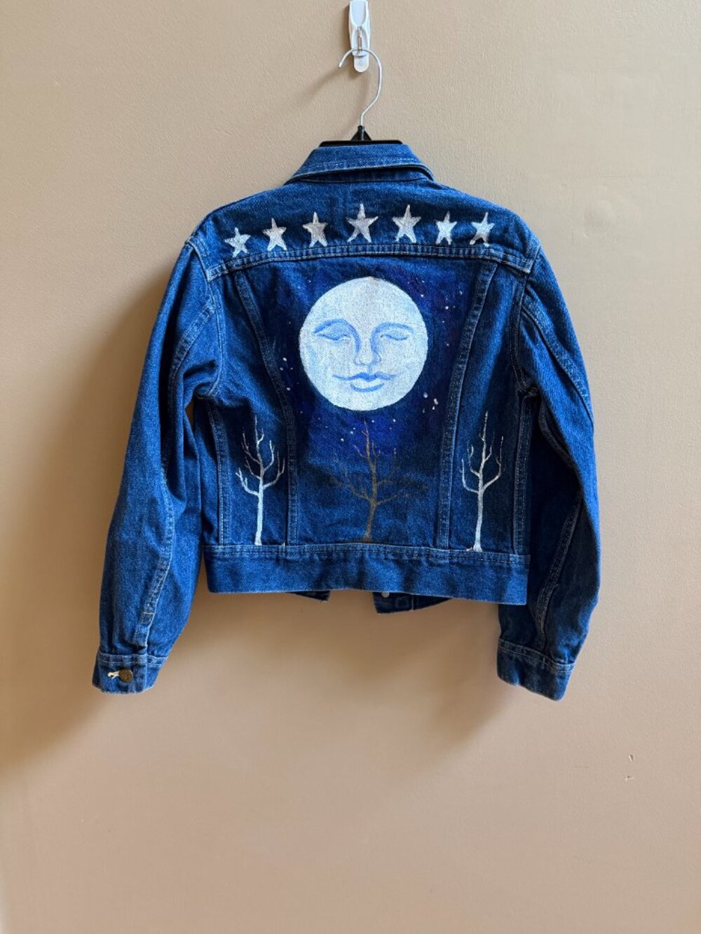Vintage Lee Denim Jacket Hand Painted Celestial Moon Stars Size 14
